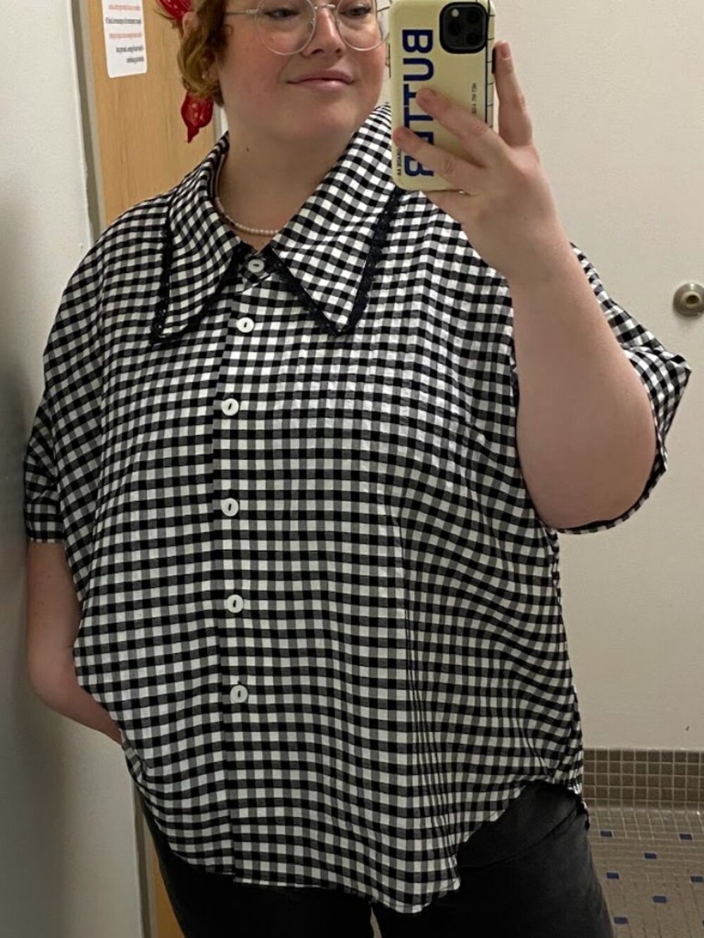 Wray NYC Tilda Top Sz XL 1X Plus Black & White Check Houndstooth Lace Collar